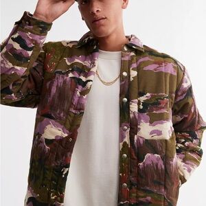 BDG Patterned Quilted Shirt Jacket Mountain Green Purple M